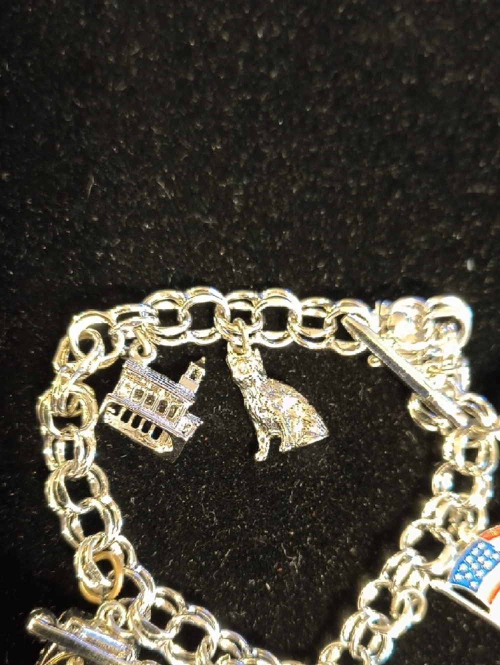 Sterling Silver Charm Bracelet with Enamel American Flag And Lady Bug - Picture 4 of 8
